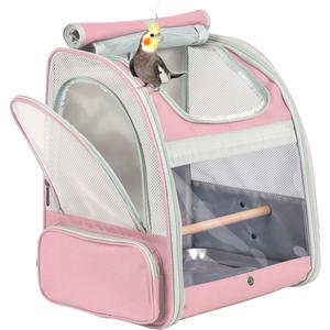 Bird Carrier Backpack with Wooden Stand Perch, Vented and Breathable Bag to Carry Parakeet Cockatiel Conure Parrot (Pink, Bird Backpack)
