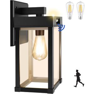 AEQ Solar Wall Lights Outdoor, Solar Wall Sconce with 3 Lighting Modes & Motion Sensor, Waterproof Porch Light with Clear Panel for Garage Porch Yard Front Door 5.8 x 5.8 x 13.58 in (Black-1Pack)