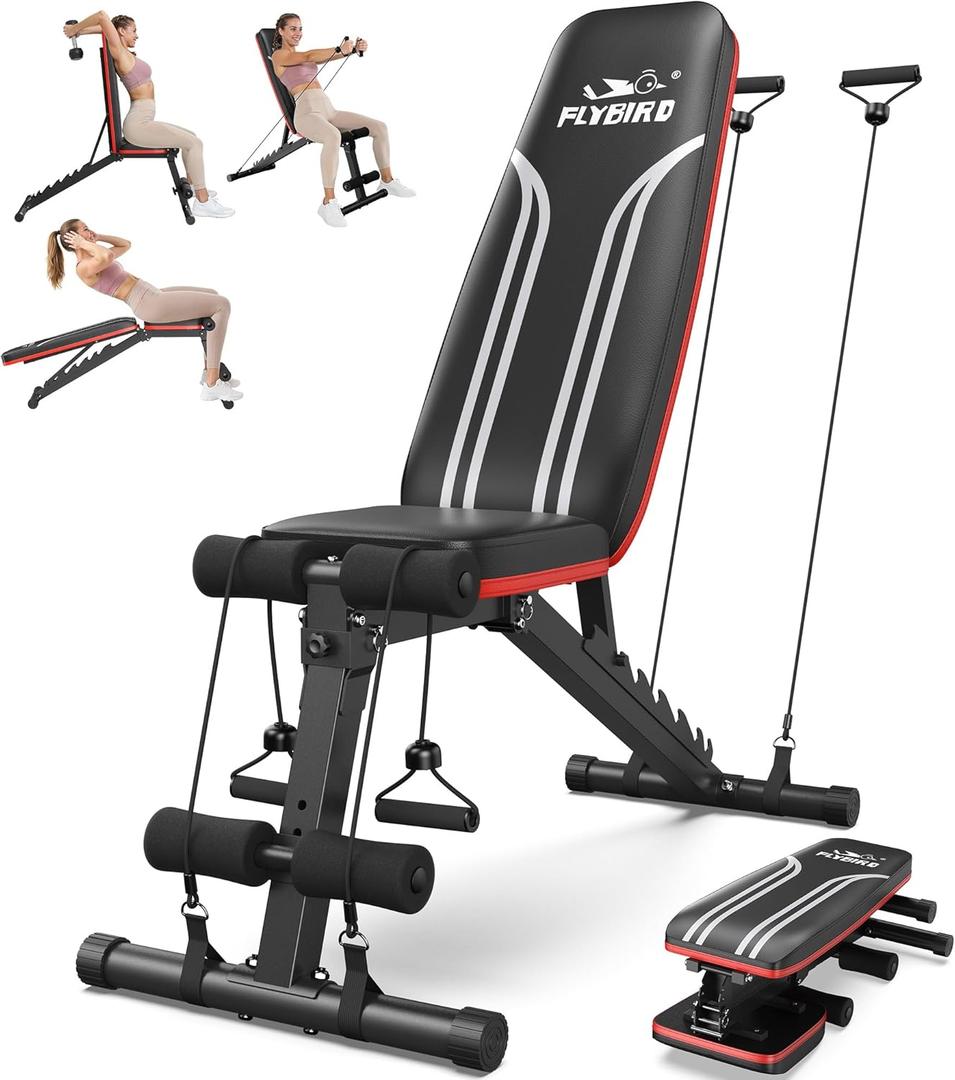 FLYBIRD Foldable Weight Bench with Resistance Bands, 8 Backrests Fast Adjustable FID for Home Gym Full Body Workout, Easy to Storage for Small Apartment