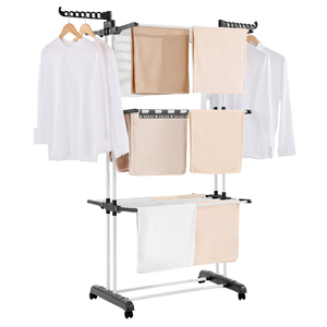 VEVOR Clothes Drying Rack, 4-Tier Foldable Laundry Dryer Rack, Metal Drying Racks with 24 Drying Rods, Free-Standing and Portable Hanger with 4 Castors and Two Side Wings for Outdoor & Indoor Use