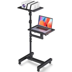 2 Shelves Projector Stand Tripod, Mobile Laptop Cart on Wheels Projector Tripod Stand Adjustable Height 45 to 64 Inches, Overbed Table with Wheels, Rolling Laptop Floor Stand for Couch