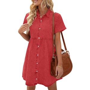 LookbookStore Women's Short Sleeve Button Down Flowy Tiered Babydoll Denim Dress (XX-Large)