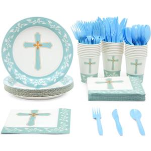 Juvale 144 Baptism Decorations Party Supplies - Blue, Includes Disposable Paper Plates, Napkins, Cups, & Cutlery, For Easter Party, Baptisms, First Communion, Christening & More, Serves 24