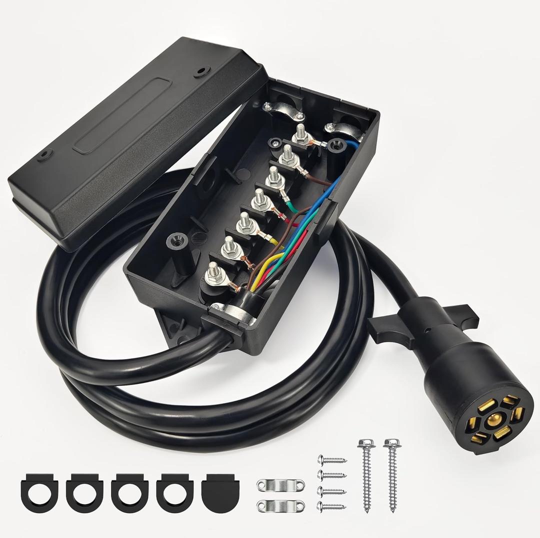 7 Pin Trailer Wiring Harness Kit with 6FT Heavy Duty 7 Way Plug Inline Trailer Cord and Waterproof 7 Way Trailer Junction Box for RV, Truck, and Camper.