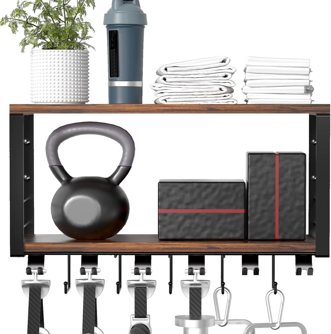 TJ.MOREE 2 Tier Floating Shelf Compatible with Tonal Accessories, T-Bracket Lock Adapters Hanger, Wall Mount Home Gym Storage Rack for Fitness Equipment (Black & Brown)