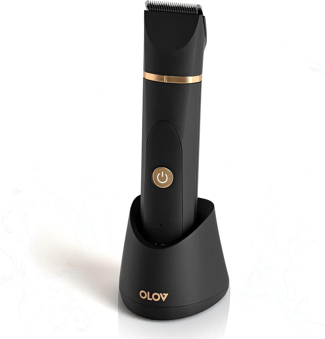 OLOV Electric Body Hair Trimmer - Groin Trimmer for Men - Bikini Trimmer Women - Wet/Dry Shaver Groomer, Replaceable Ceramic Blade Heads, USB Recharge Dock, Waterproof Hygiene Razor, Black