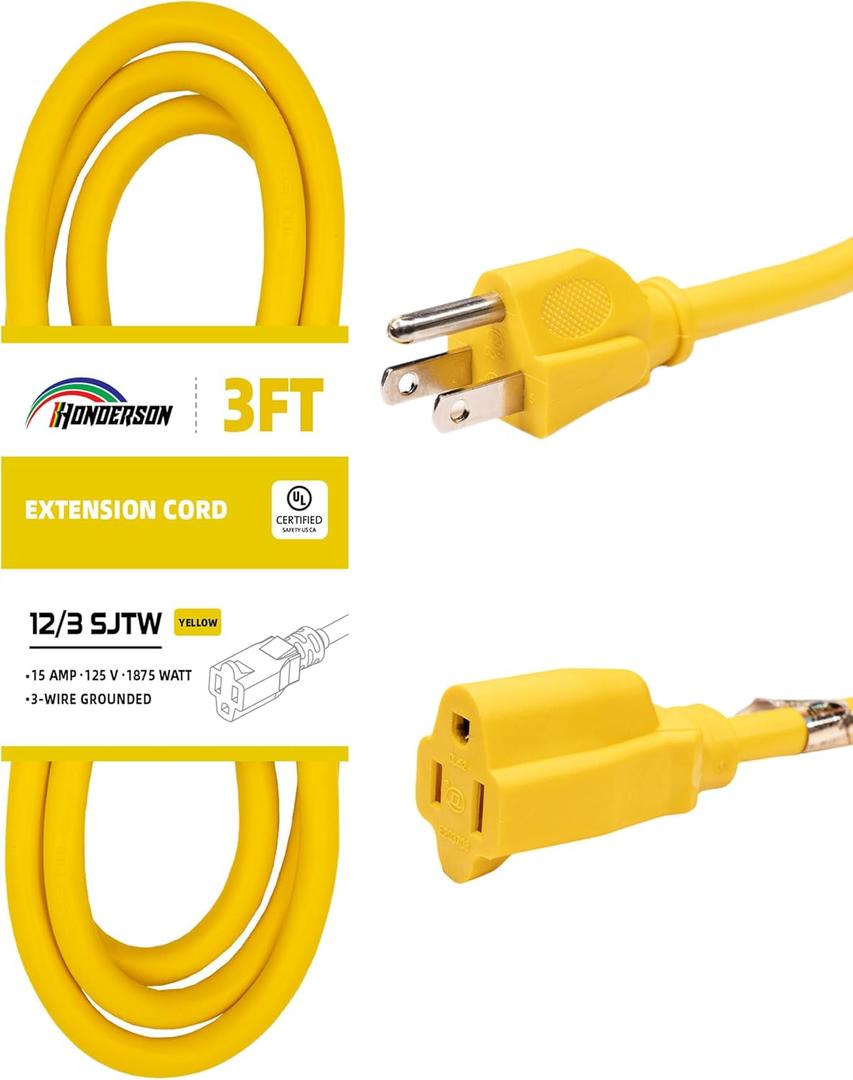 Extension Cord Weatherproof, UL Listed, 12 Gauge 3FT Yellow 3 Prong Heavy Duty, 12/3 SJTW 15A Power Cord for Lights, Appliances, Lawn