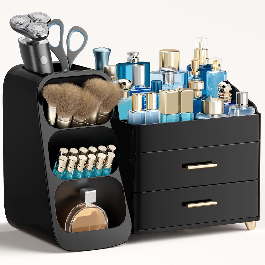 HBlife Makeup Organizer with Brush Holder for Vanity, Large Plastic Bathroom Countertop Organizer Skin Care Storage, Easy to Store Lipsticks, Nail Polishes, Perfumes, Eyeshadow Palettes, All Black