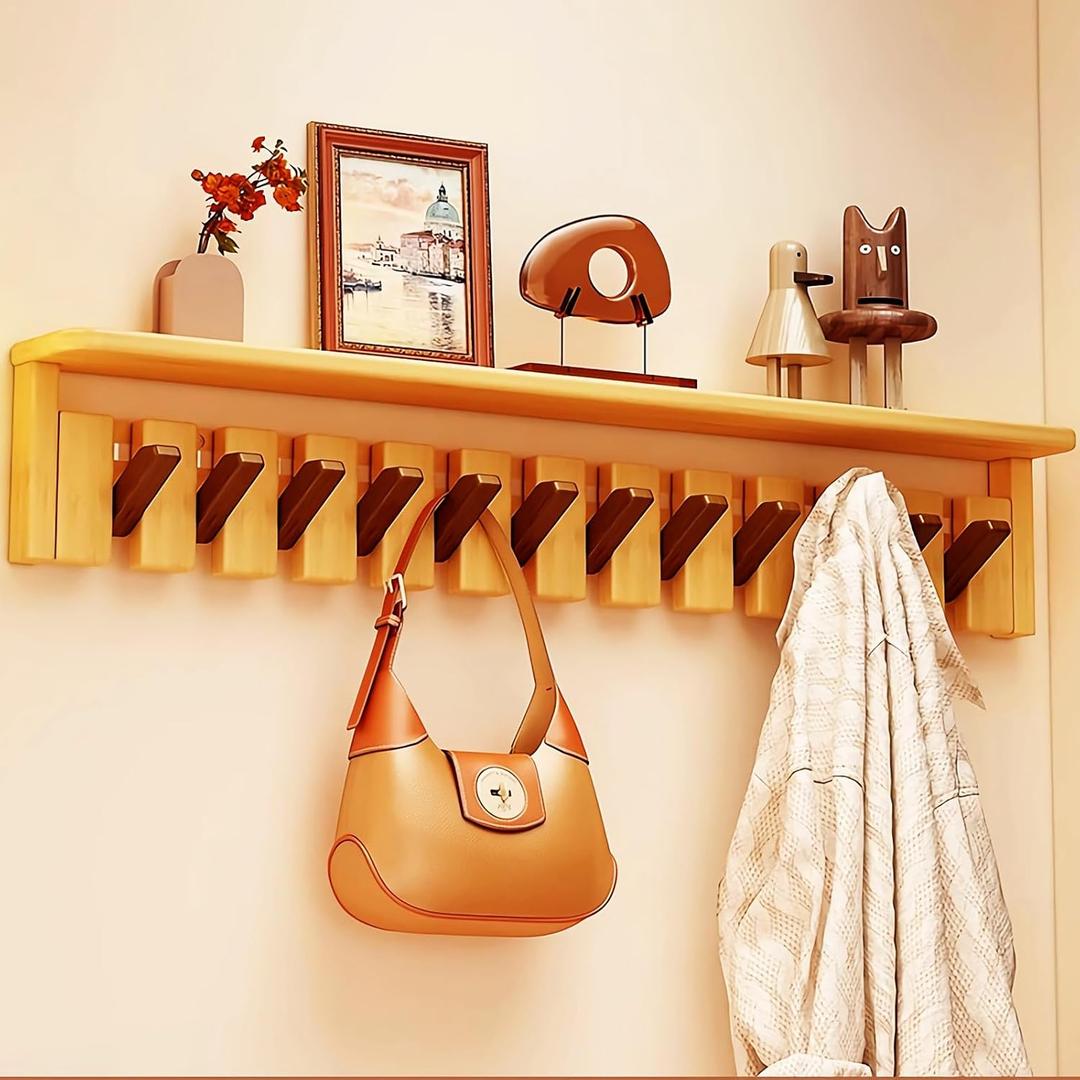 Paint Wood Wall Mounted Coat RackHooks Piano Key Hangers Natural Solid Wood Hanger Non-Woven Fabric Clothes Hangers for Closet, Kitchen, Bedroom, Bathroom, Entryway (Tray walnut-beech, 12 Hooks)