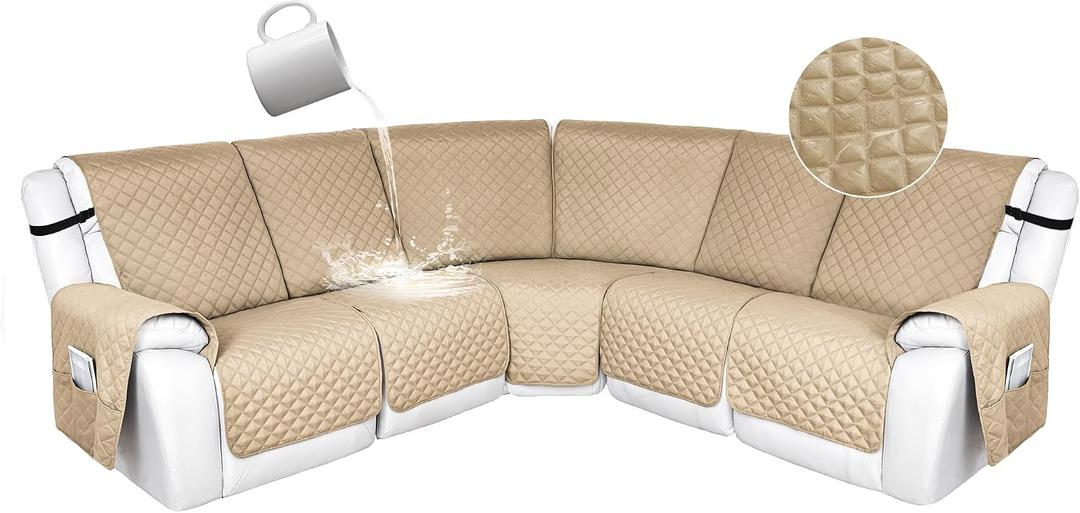 HDCAXKJ 100% Waterproof Reclining Sectional Couch Covers L Shape Recliner Sofa Cover Washable Quilted Soft Pet Dog Corner Recliner Slipcovers with Pockets (5 Seat Recliner Couch, Natural)