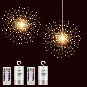 2 Pack Hanging Decor Lights,200 LED Battery Powered Fairy Light, Fireworks Light with Remote, Waterproof Starburst Lights for Gardens Courtyards Christmas Festive Wedding Parties (Warm White)