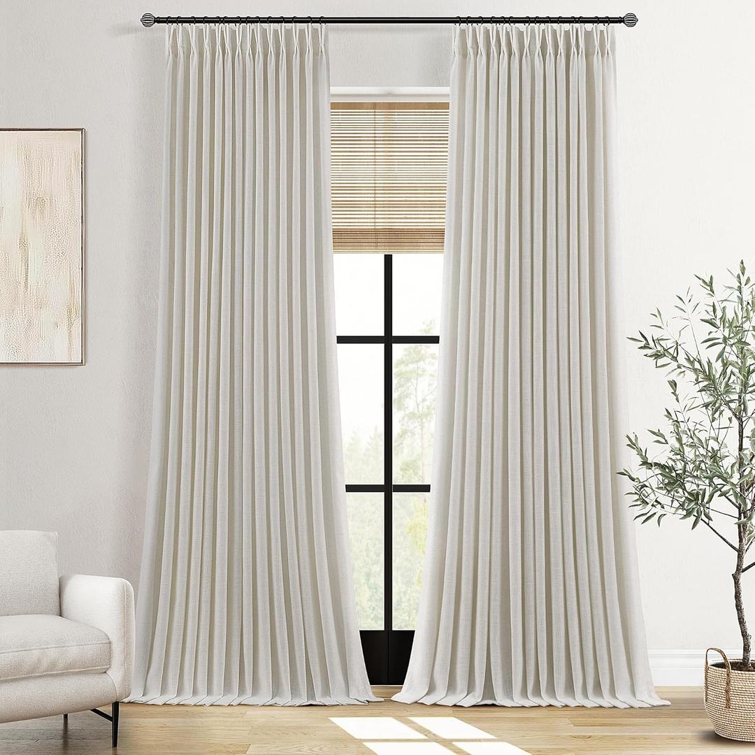 Pinch Pleated Thick Linen Curtains 96 Inch Length 2 Panels Set for Living Room Warm Beige Neutral Pleated Curtains Semi Sheer Light Filtering Privacy Bedroom Window Drapes