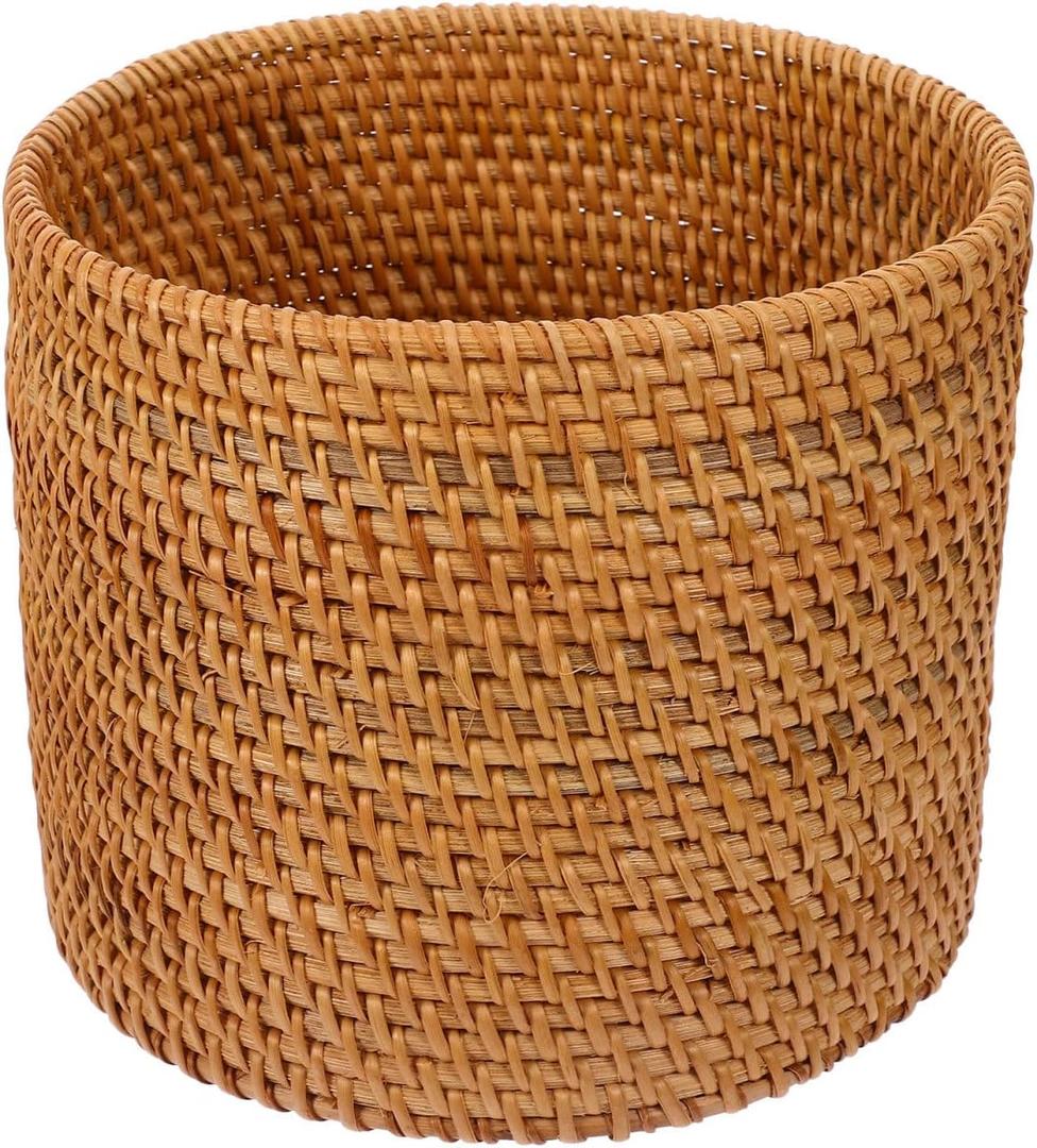 Mikikit Round Rattan Trash can Small Decorative Wicker Basket for Home Storage Desktop Organizer 6.6 Inch Fruit Vegetable Basket