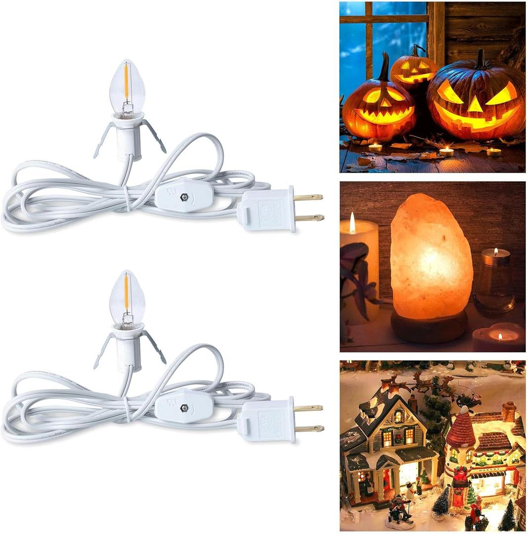 Brightown Accessory Cord with LED Bulb - 6ft Cord with On/Off Switch for Night Lights, Halloween Pumpkin, Blow Mold, Christmas Village House, Holiday Ceramic Trees, Craft Projects, 2 Pack (Warm White)