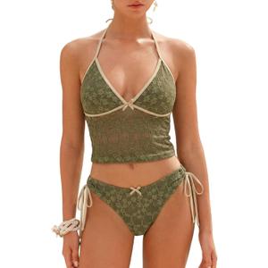 ZAFUL Women's Tankini Sets Halter String Tie Side Thong V Neck Bathing Suit Bowknot Lace Textured 2 Piece Swimsuit (Green, M)