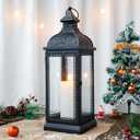 TRIROCKS Rustic Style Metal Candle Lantern 19'' High Decorative Hanging Lantern Candle Holder with Tempered Glass for Christmas Living Room Garden Yard Patio Parties Events Indoors Outdoors(Black)
