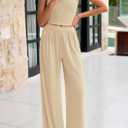 PRETTYGARDEN Spring Two Piece Sets For Women 2025 Ribbed Knit Crew Neck Sleeveless Tank Tops Wide Leg Pants Casual Lounge Set (S)