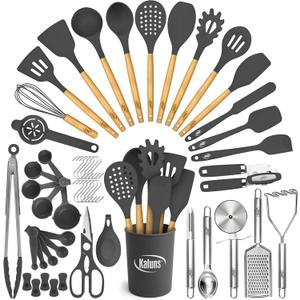 Kaluns 50 PCS Silicone Kitchen Utensils Set Complete Kitchen Set - 800F Heat Resistant Non-Stick Premium Cooking Utensils W Wooden Handles - Can Opener, Masher, Turner, Silicone Spatula Set (Gray)