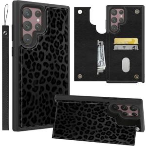for Samsung Galaxy S24 Ultra Wallet Case Black Leopard Print PU Leather Card Holder Slots Wrist Strap Magnetic Clasp Kickstand Flip Cover Phone Case for Samsung S24 Ultra 6.8" 2024