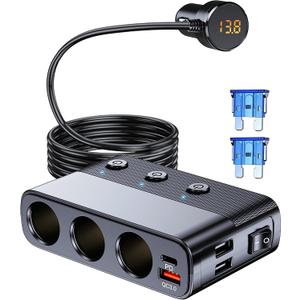 LIHAN 7-1 Cigarette Lighter Splitter,12V/24V Car Charger Adapter with 3 Socket Expander,PD30W Type-C,QC3.0 & Dual USB Ports,Independent Switches,Voltage Display,3.3FT Extension Cord fit Truck RV SUV