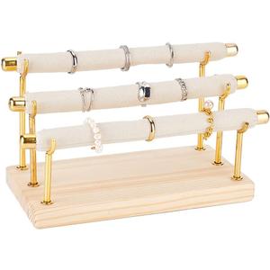 FINGERINSPIRE 3-Tier Rings Display Holder Detachable Beige Velvet Finger Ring Display Risers with Iron Bars and Wood Base Jewelry Ring Display Stand Ring Organizer for Home, Retail, Photography Prop