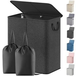 Lifewit Double Laundry Hamper with Lid and Removable Laundry Bags, Large Collapsible 2 Dividers Dirty Clothes Basket with Handles for Bedroom Laundry Room Closet Bathroom College, 155L Black