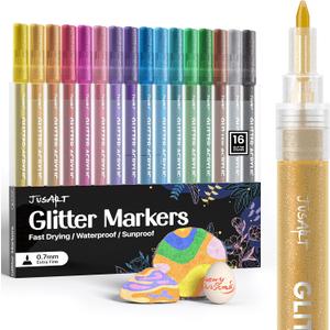 JusArt 16 Colors Glitter Markers, Glitter Paint Pens, Acrylic Paint Markers Shiny Shimmer Pens for Kids Adults DIY Crafts, Card Making, Drawing, Scrapbooking, Glass, Wood, Stone, Fabric, Rock