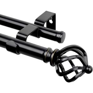KAMANINA Double Curtain Rod 72 to 144 Inches(6-12 Feet), Black Heavy Duty Curtain Rods for Windows 66 to 120 Inches, 7/8 Inch Drapery Rod with Twisted Cage Finials