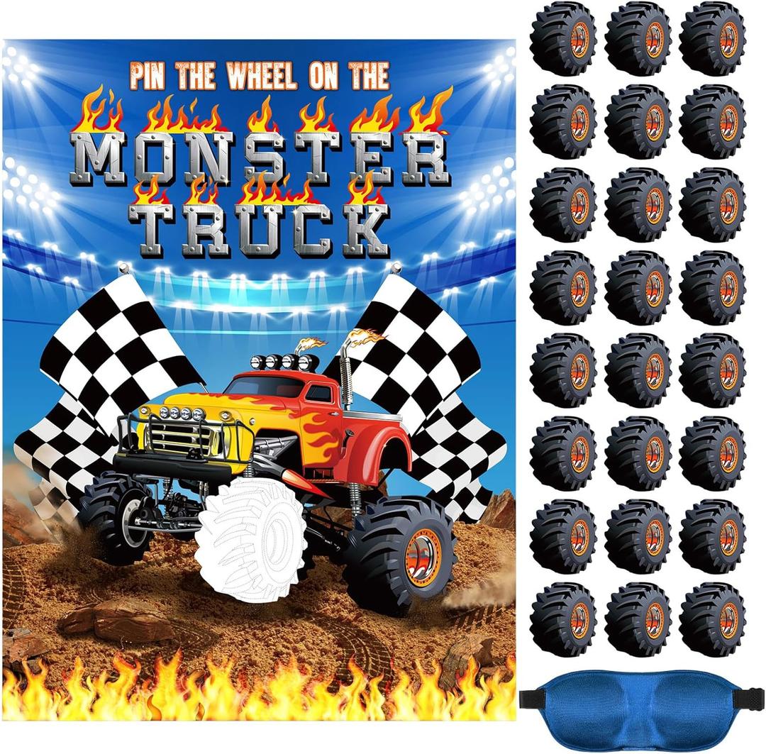 Faccito Monster Truck Birthday Games Pin The Wheels on The Monster Truck Large Poster with 24 Wheel Stickers and Game Blindfold Cars Pin The Wheels Game for Birthday Decorations Trucks Party Supplies