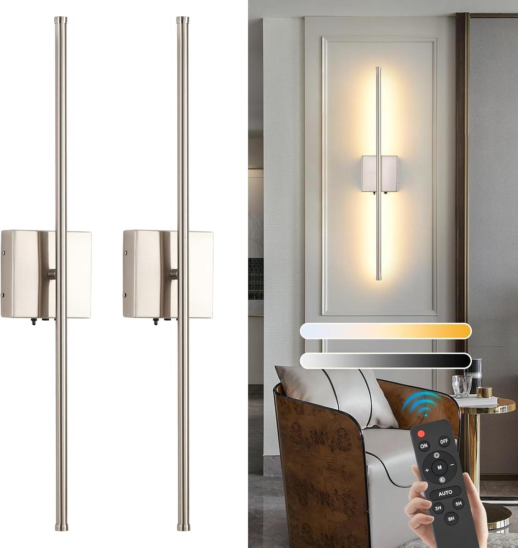 Set of 2 Battery Operated Wall Sconces, 11000mAh Wireless Rechargeable Brushed Nickel Wall Lights with Remote Control, 350°Rotate Dimmable Wall Lamp, 3 Color Temperatures, for Bedroom, Living Room