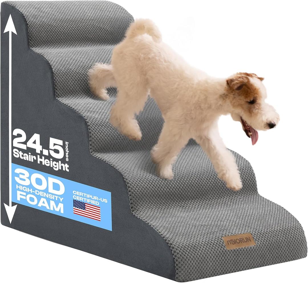 Dog Stairs for High Beds Up to 26", Extra-Tall 24.5" 5-Step Foam Pet Ramp with Washable Cover, Gentle Slope Steps, Bed & Couch Ladder for Small Medium Dogs & Senior Cat, Puppy Climbing Stairs (Light Grey)