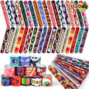 JOYIN 120 PCS Halloween Slap Bracelets for Kids Gift, 24 Designs Halloween Bracelets Bulk for Goodie Bag Fillers, Friendship Bracelets for Halloween Party Favor Supplies