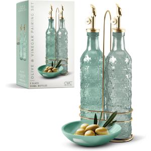 COOK WITH COLOR Glass Olive Oil Bottle Dispenser - 2 Pack- 17oz Oil and Vinegar Cruet - Olive Oil Carafe Decanter for Kitchen (Green)