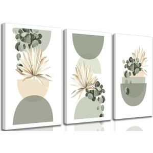 3 Pcs Neutral Abstract Boho Canvas Wall Art Beige Sage Green Mid Century Modern Plants Bohemia Pictures Wall Decor Posters Prints for Bedroom Living Room Bathroom Office Home Decoration