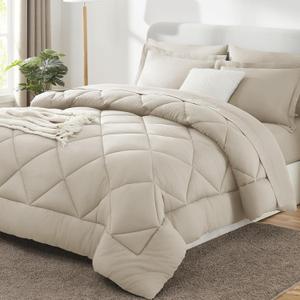 CozyLux Queen Comforter Set with 7 Pieces Bed in a Bag - Oatmeal All Season Bedding Set with Comforter, Pillow Shams, Flat Sheet, Fitted Sheet and Pillowcases