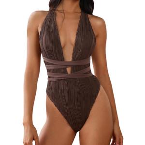 ZAFUL Women's One Piece Swimsuit Deep V Neck Ribbed Self Tie Sexy High Cut Bathing Suit Crisscross Back Swimwear (Brown, L)