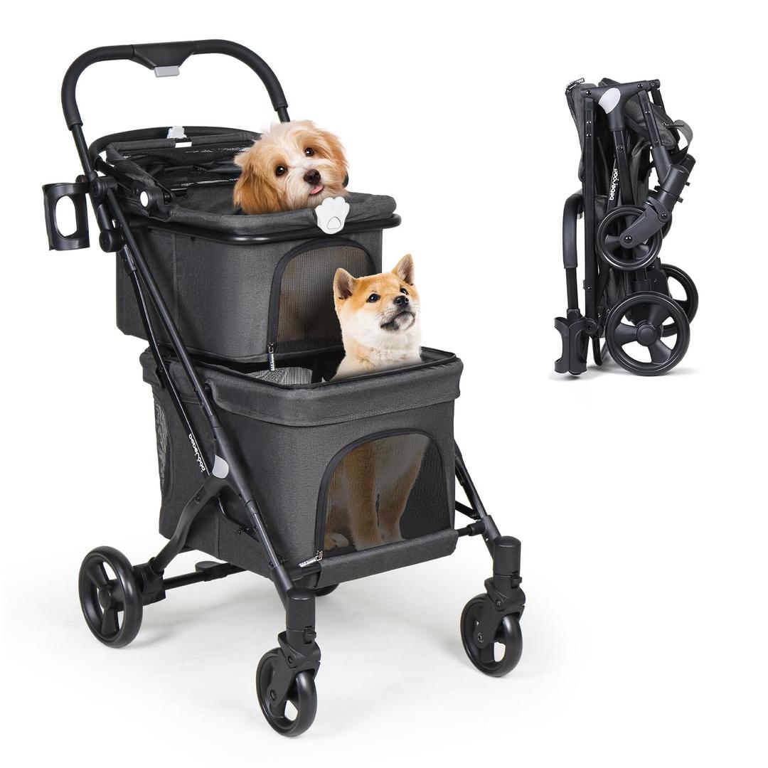T1 Double Pet Stroller for 2 Small Dogs or Cats Lightweight Foldable Double Cat Stroller with Detachable Carrier (Black)