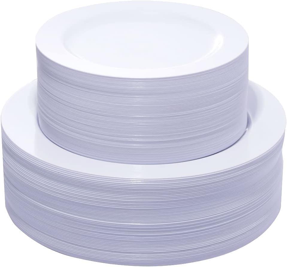 KIRE 120PCS White Plastic Plates - Heavy Duty White Disposable Plates for Party/Wedding - Include 60Pieces 10.25inch Dinner Plates - 60Pieces 7.5inch Dessert/Salad Plates