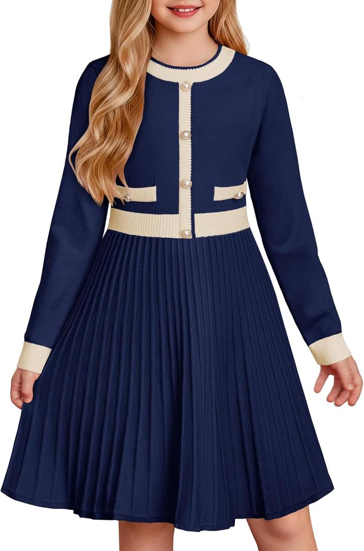 GRACE KARIN Girls Sweater Fall Dress Long Sleeve Knit A Line Contrast Casual Winter Dresses (10-12 Years)