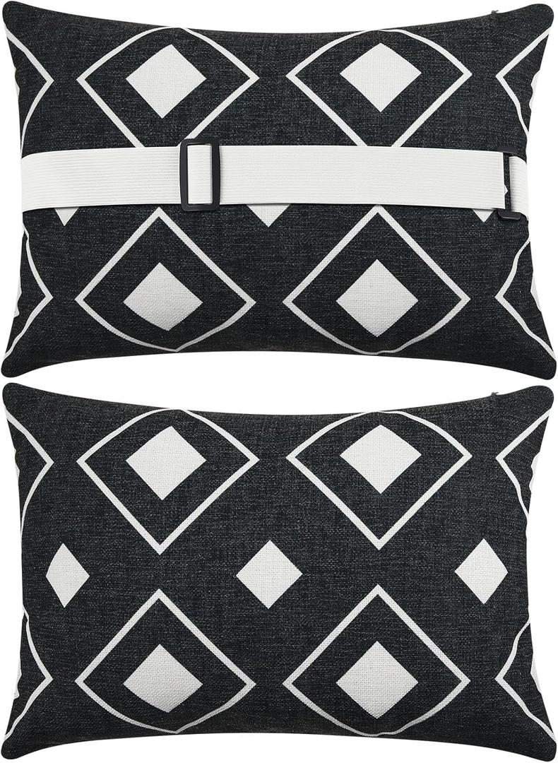 Juexica 2 Pack Lounge Chaise Pillow with Strap 16 x 11 Inches Waterproof Outdoor Beach Chair Pillow Adjustable Elastic Band for Hammock Lumbar Recliner Pillows for Beach Office Chair(White and Black)