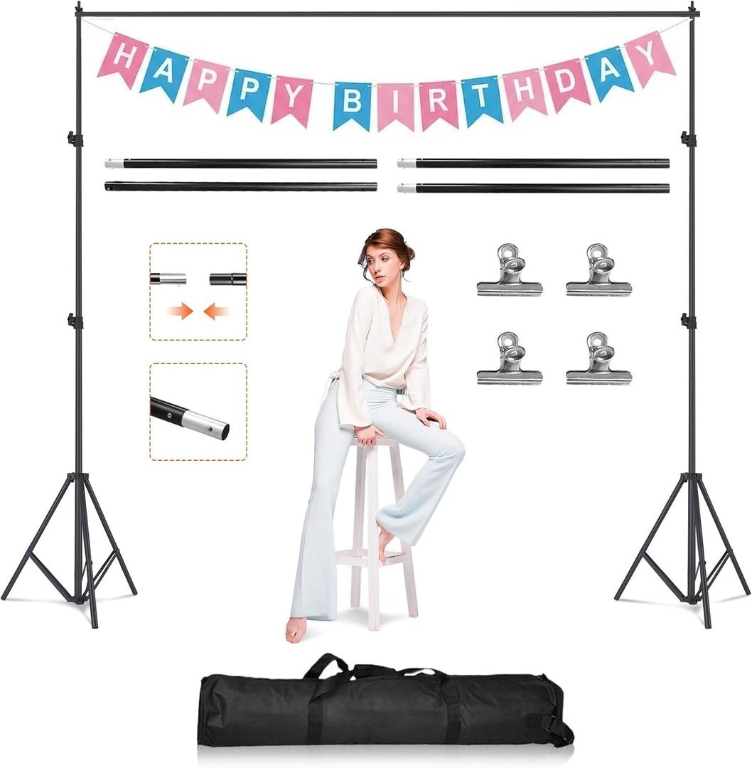 6.5 x 10ft Photo Video Studio Backdrop Support Stand Kit Adjustable Photography Support Stand Set Heavy Duty Background Screen Support System with Carrying Bag Clamps for Parties Wedding (Black)