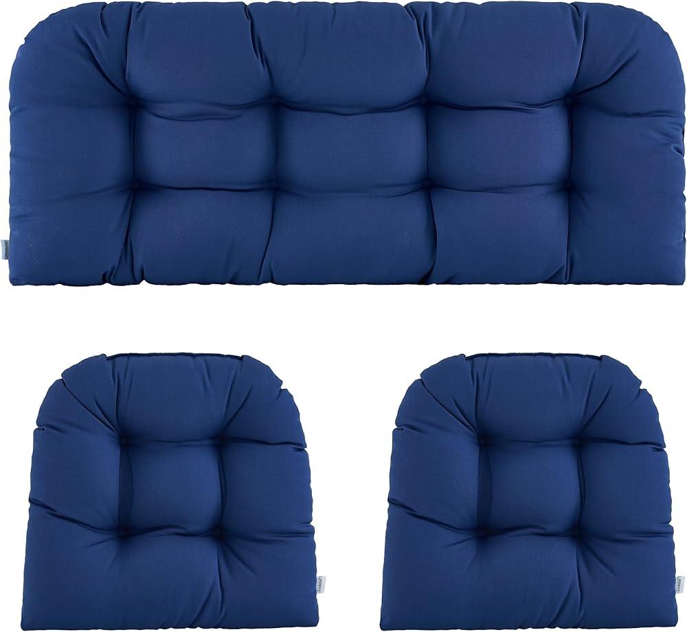 ZEOLABS Wicker Chair Cushions of 3 Pieces Waterproof Tufted Outdoor Seat Cushions for Patio Furniture Sofa Settee Couch,1 Loveseat and 2 U-Shaped Cushions, Dark Blue