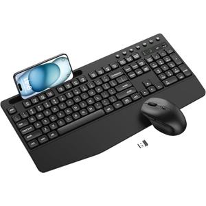 Wireless Keyboard and Mouse Combo with Palm Rest, Phone Holder, Full-Size Quiet Wireless Ergonomic Keyboard and Mouse, Comfortable Natural Typing Compatible for Windows, Laptop, Mac, PC(Black)