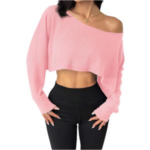 Women's Asymmetrical Off Shoulder Crop Tops Long Sleeve Ribbed Knit Lettuce Trim T Shirts (Pink, M)