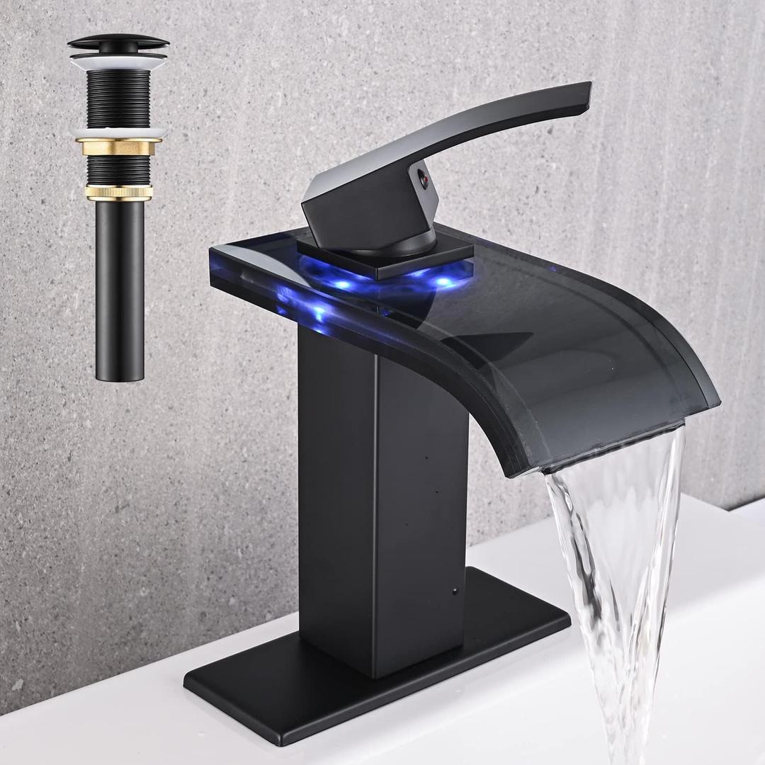 AVSIILE LED Bathroom Sink Faucet, Matte Black Waterfall Single Hole Handle Vanity Faucets for Sinks 1 Hole with Metal Pop Up Drain and 2 Water Supply Lines, Wide Glass Spout