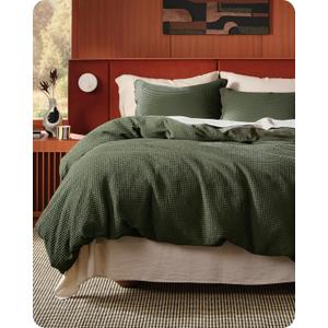 Bedsure Cotton Duvet Cover Set - 100% Cotton Waffle Weave Olive Green Duvet Cover Oversized Queen Size, PureWoven Breathable Bedding Set for All Season, 3 Pieces, 98"x98"