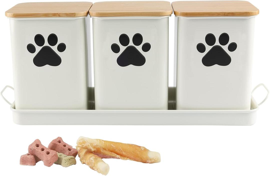 Set of 3 Metal Dog Treat Jars,60oz Airtight Dog Treat Container with Bamboo Lids,Cat Treat Canister,Puppy Cookie Container for Kitchen Counter,Coated Galvanized Steel-White