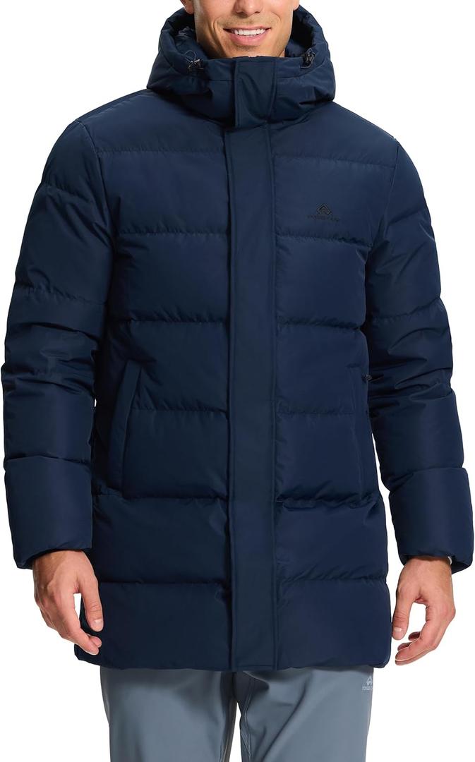 Pioneer Camp Men's Long Winter Coat Parka Hooded Down Jacket Full Zip Up Windproof Jacket Warm Thicken Puffer Jacket (Large, Navy)