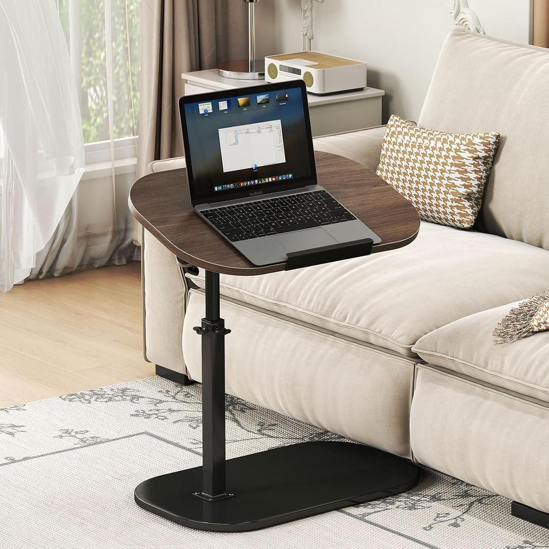 Adjustable Height C Shaped End Table,19.6 Inch Desk Top-360 Swivel Tray Tables,0-90 Tiltable Laptop Table,with Detachable Baffle Couch Side Table,Bed Side Table,TV Dinner Table,Walnut