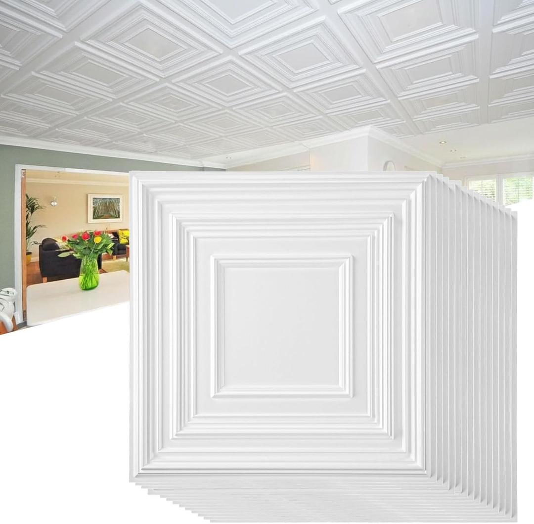 Nuanchu 90 Pcs Drop Ceiling Tiles 12 x 12 Inch PVC Ceiling Tiles Glue up Cuttable Paintable DIY Wall Panels 3D Decorative for Bathroom Interior Kitchen TV Background (White)